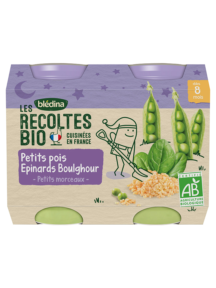 Blédina Les Récoltes Bio Petits Pois Épinards Boulghour dès 8 Mois 2 POTS